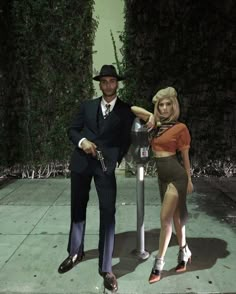 a man standing next to a woman near a parking meter