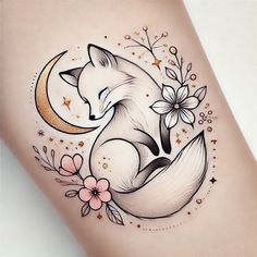 a tattoo with a fox sitting on top of it's stomach and flowers around it