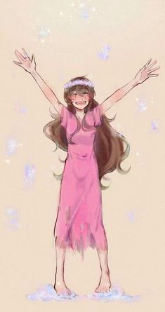 a drawing of a woman in a pink dress with her hands up and arms outstretched