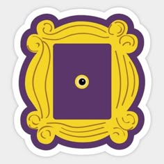 a purple and yellow square sticker with an eye in the center on a white background