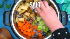 someone is cooking vegetables in an instant pot with salt on the side and text overlay