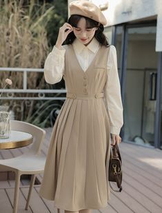 Casual Long Sleeve Pinafore Dress, Spring Long Sleeve Pinafore Dress, V-neck Office Lady Dress With Buttons, Long Sleeve Suspender Dress For Spring, V-neck Office Dress With Buttons, Spring V-neck Solid Suspender Dress, Spring Workwear Pinafore Dress With Buttons, Spring Pinafore Dress With Suspenders, Casual Spring Suspender Dress For Work