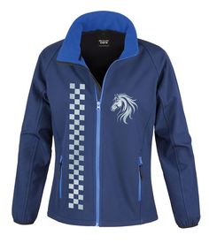 Dark blue softshell jacket with a high collar and a light blue zipper, featuring a stylized horse head graphic on the chest and a vertical checkered stripe design on the left side. Reflective Jacket, Softshell Jacket, Road Safety, Body Warmer, Water Resistant Fabric, Horse Rider, Soft Shell Jacket, Soft Shell, Horse Riding