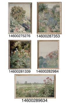 four framed pictures with flowers in them on the side of a white wall next to each other