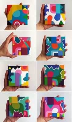 six different images of colorful boxes in various shapes and sizes, with hands holding them