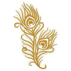 a gold colored peacock feather with swirls on it's tail, embroidered onto a white background