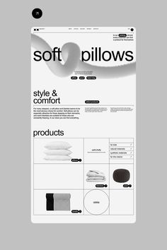 the product page for soft pillows is shown in black and white, as well as an image