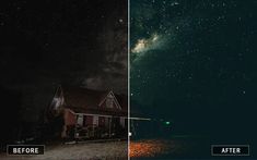 before and after shots of a house with the night sky in the background, it appears to be dark