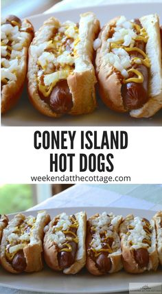 there are many hot dogs with toppings on them and the words coney island hot dogs