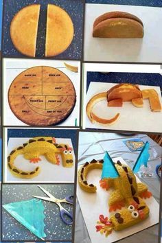 several pictures of different animals made out of bread and other things to make them look like they are eating