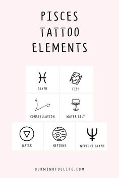 the pisces tattoo elements are shown in black and white on a pink background