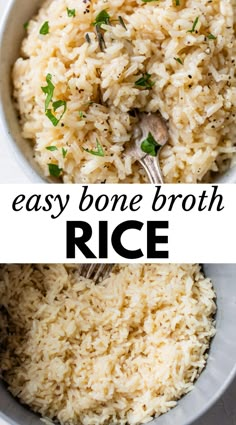 easy bone broth rice in a white bowl