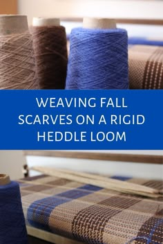 Scarves being woven on a rigid heddle loom with blue, brown and beige yarns Weaving A Scarf On A Loom, Rigid Heddle Scarf Patterns, Weaving Scarf Pattern, Woven Scarf Pattern, Scarf Weaving Patterns, Rigid Heddle Weaving Patterns Free, Looming Projects For Beginners