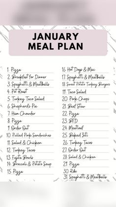 the january meal plan is shown in pink and white, with black writing on it