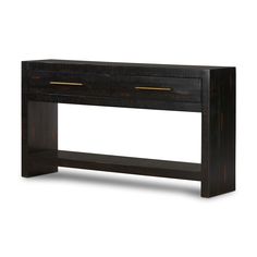 a black console table with two drawers on one side and an open shelf underneath it