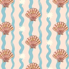 an image of seashells on pink and blue waves