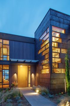 a modern house lit up at night with lights on the windows and plants in front