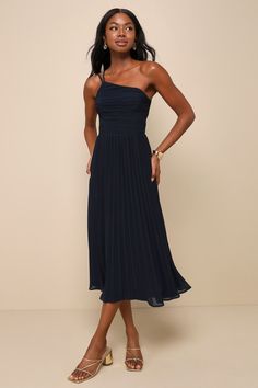 Wondrous Muse Navy Blue Pleated One-Shoulder Midi Dress Fall Wedding Guest Dresses, Black Tie Dress Code, Midi Dress Wedding Guest, Navy Blue Midi Dress, Fall Wedding Guest, Midi Dress Formal, One Shoulder Midi Dress, Fall Wedding Guest Dress, Chiffon Midi Dress