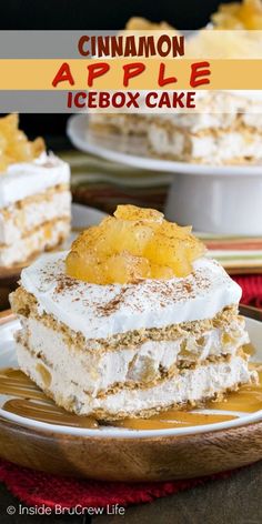 a close up of a piece of cake on a plate with icebox cake in the background