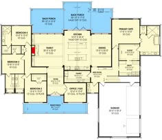 the first floor plan for a home with two master suites and an attached garage area