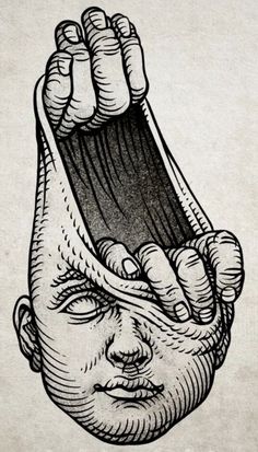 an ink drawing of a man's face with his hand on the top of his head