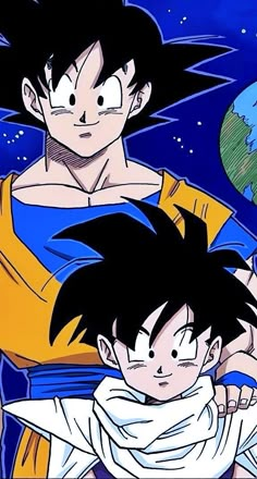 two young gohan are standing next to each other with the earth in the background