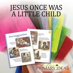 the jesus once was a little child booklet is shown in front of colored plastic bags