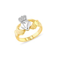 "Celebrating love, beauty and Irish culture, this Claddagh ring is crafted in beautiful 14K yellow and white gold. The traditional Claddagh is a meaningful token of loyalty, friendship and love. The hands represent friendship, the heart represents love and the crown represents loyalty. Completing this meaningful piece, it is polished to a brilliant shine. measures over 1/2\" wide. *Mens Ring*" Mens Claddagh Ring, Irish Culture, Friendship Jewelry, Claddagh Rings, Irish Jewelry, Two Tone, Rings For Men, Jewelry Rings, White Gold