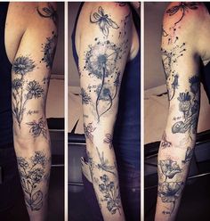 three pictures of the same person with tattoos on their arms and legs, both showing different flowers