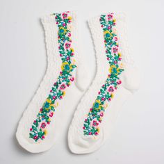 Womens Vintage Style Floral Mid Calf Socks - BUCKET POPCORN Cute Multicolor Socks For Gifts, Spring Cotton Socks Gift, Spring Gift Cotton Socks, Fun White Summer Socks, Cotton Socks For Spring Gift, Fun White Socks For Summer, Trendy Spring Gift Socks, Trendy Spring Socks For Gift, Trendy Socks For Spring Gift