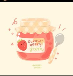 a strawberry jam jar with a spoon next to it and the words straw berry farm