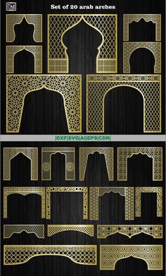 an image of golden architecture on black wood with text that reads set of 20 arab arches