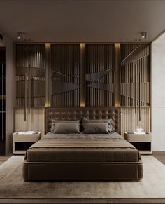 a large bed sitting in the middle of a bedroom next to a wall with wooden slats