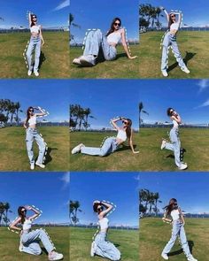 a collage of photos of a woman in white clothes doing various poses on the grass