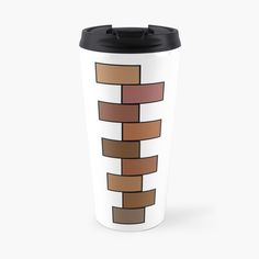 a white travel mug with brown and red bricks on it's side, against a white background