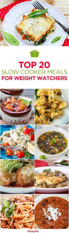 the top 20 slow cooker meals for weight watchers are shown in this collage