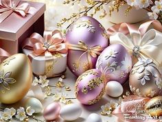 an image of easter eggs with bows and flowers