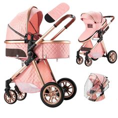 the baby stroller has two wheels and is pink with gold trims on it