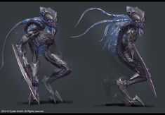 an alien creature is shown in three different poses