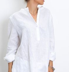 The White linen blouse women is our favorite weekender. Featuring an oversized relaxed fit with front button closing and long sleeves. The long sleeve shirt is made from lightweight linen, that is versatile for any occasion! The White linen blouse women is designed to be comfortable and not troublesome to wear. After wearing this White long sleeve linen shirt women, you will love it even more. ▸FABRIC The white linen blouse women is made from high quality 100% linen ▸SIZING This model linen shir Luxury Long Sleeve Linen Top, Oversized White Shirt Plus Size, Cheap Festive White Shirt, White Long Linen Shirt, Woman Extra Long Shirt, Linen Shirts Women Professional, Luxury Elegant Linen Shirt, Women Oversized Shirt, Oversized Shirt Women