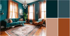 a living room filled with furniture and lots of windows covered in shades of teal