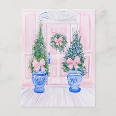 a painting of two blue vases with pink bows on them in front of a door