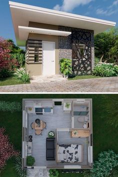 two pictures side by side of a small house and the top one has an open floor plan