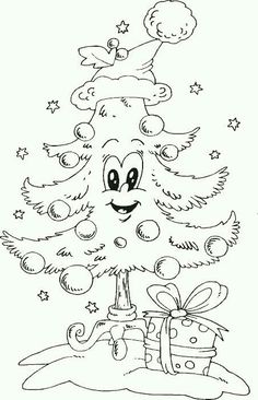 a christmas tree with presents under it and stars on the top, in black and white