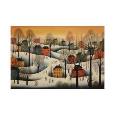 a painting of people walking in the snow with houses and trees behind them on an orange background