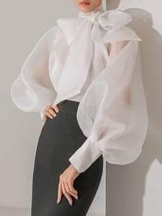 Korean Shirt, Lantern Sleeved Blouses, High Neck Blouse, Bow Shirts, Plain Blouse, Bow Tie Collar, Elegant Blouses, Moda Vintage