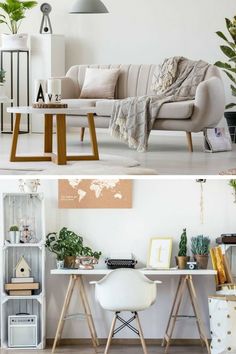 two different pictures of a living room with furniture and plants on the shelves in front of them