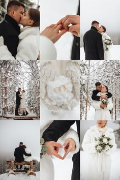 a bride and groom are posing for pictures in the snow