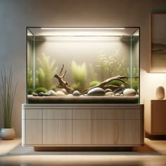 an aquarium with rocks, plants and water in the middle is displayed on a table