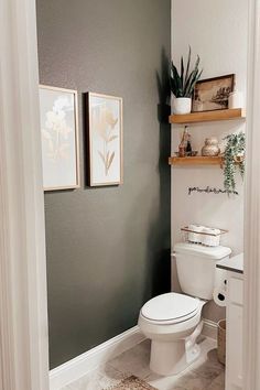 a white toilet sitting inside of a bathroom next to a wall mounted shelf with pictures on it